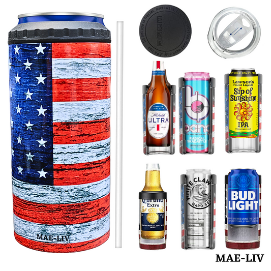 5-in-1 Can Cooler Insulated - Fit All in One Slim Beer Can Cooler for 12 To 16 Oz Bottles | Double-walled, BPA Free, Stainless Steel Tumbler | Can Holders For Drinks with a Lid & Straw American Flag - Mae-Liv