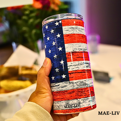 5-in-1 Can Cooler Insulated - Fit All in One Slim Beer Can Cooler for 12 To 16 Oz Bottles | Double-walled, BPA Free, Stainless Steel Tumbler | Can Holders For Drinks with a Lid & Straw American Flag - Mae-Liv