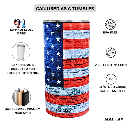 5-in-1 Can Cooler Insulated - Fit All in One Slim Beer Can Cooler for 12 To 16 Oz Bottles | Double-walled, BPA Free, Stainless Steel Tumbler | Can Holders For Drinks with a Lid & Straw American Flag - Mae-Liv
