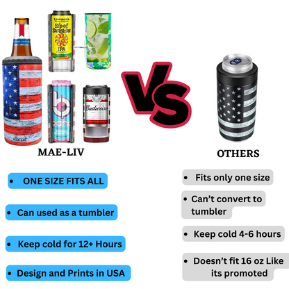 5-in-1 Can Cooler Insulated - Fit All in One Slim Beer Can Cooler for 12 To 16 Oz Bottles | Double-walled, BPA Free, Stainless Steel Tumbler | Can Holders For Drinks with a Lid & Straw American Flag - Mae-Liv
