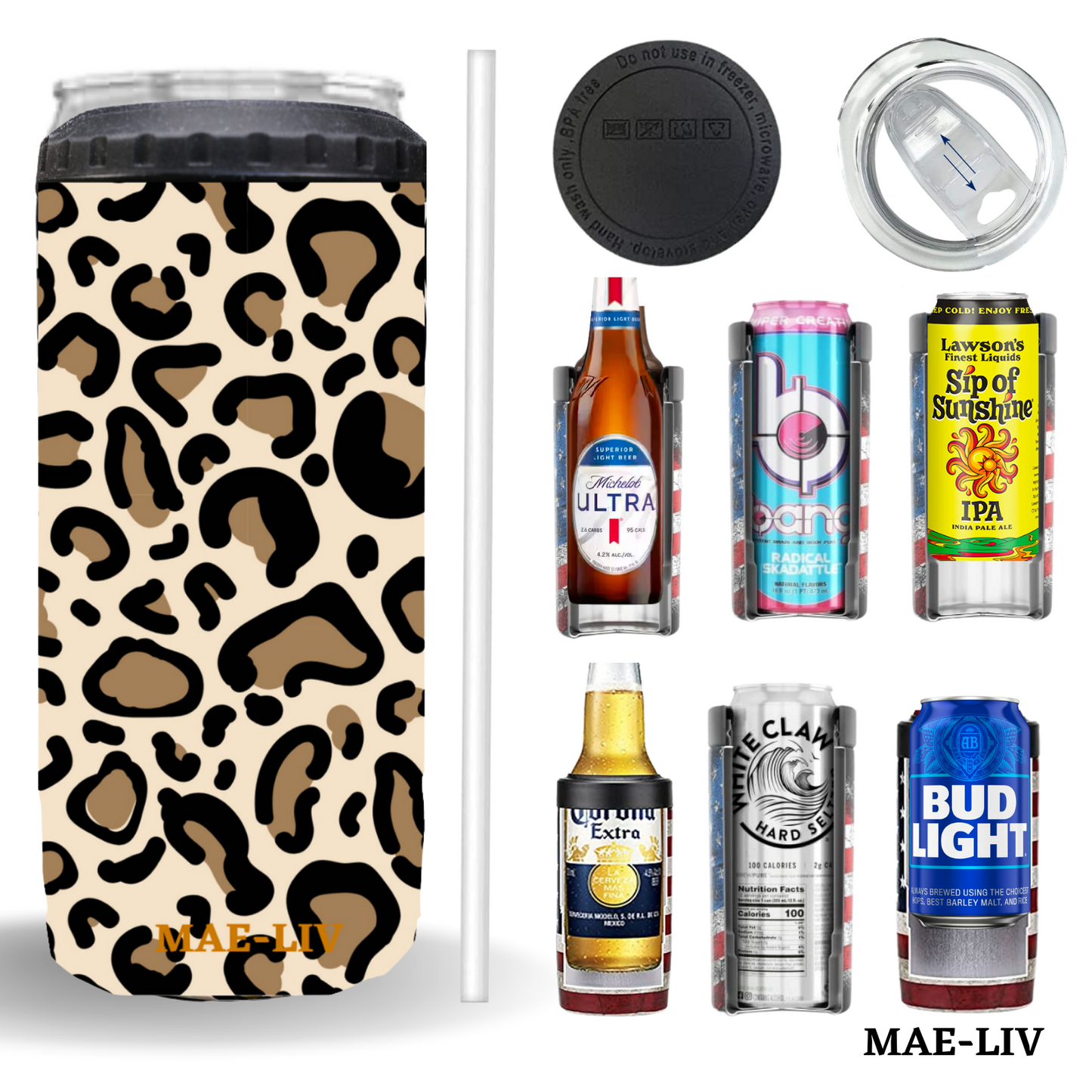 5-in-1 Can Cooler Insulated - Fit All in One Slim Beer Can Cooler for 12 To 16 Oz Bottles | Double-walled, BPA Free, Stainless Steel Tumbler | Can Holders For Drinks with a Lid & Straw (Leopard) - Mae-Liv