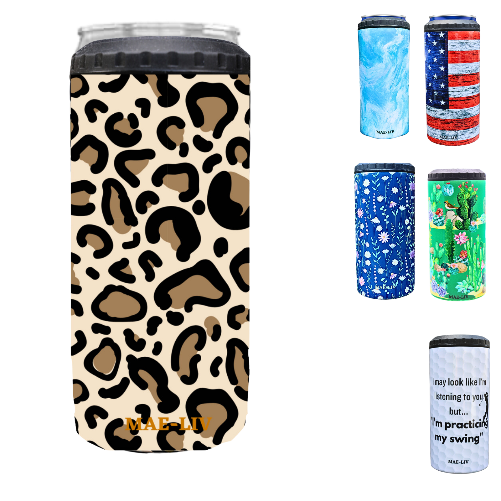5-in-1 Can Cooler Insulated - Fit All in One Slim Beer Can Cooler for 12 To 16 Oz Bottles | Double-walled, BPA Free, Stainless Steel Tumbler | Can Holders For Drinks with a Lid & Straw (Leopard) - Mae-Liv