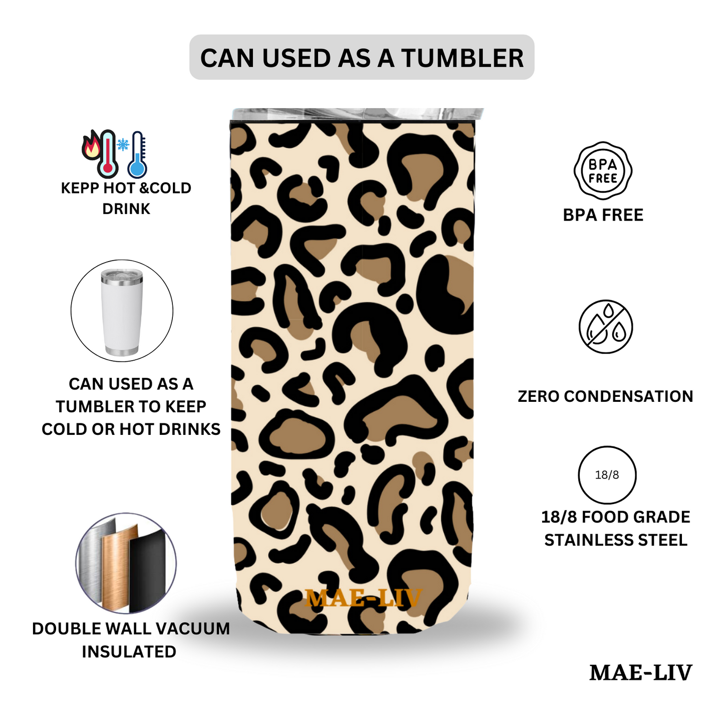 5-in-1 Can Cooler Insulated - Fit All in One Slim Beer Can Cooler for 12 To 16 Oz Bottles | Double-walled, BPA Free, Stainless Steel Tumbler | Can Holders For Drinks with a Lid & Straw (Leopard) - Mae-Liv