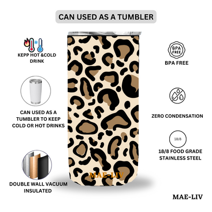 5-in-1 Can Cooler Insulated - Fit All in One Slim Beer Can Cooler for 12 To 16 Oz Bottles | Double-walled, BPA Free, Stainless Steel Tumbler | Can Holders For Drinks with a Lid & Straw (Leopard) - Mae-Liv