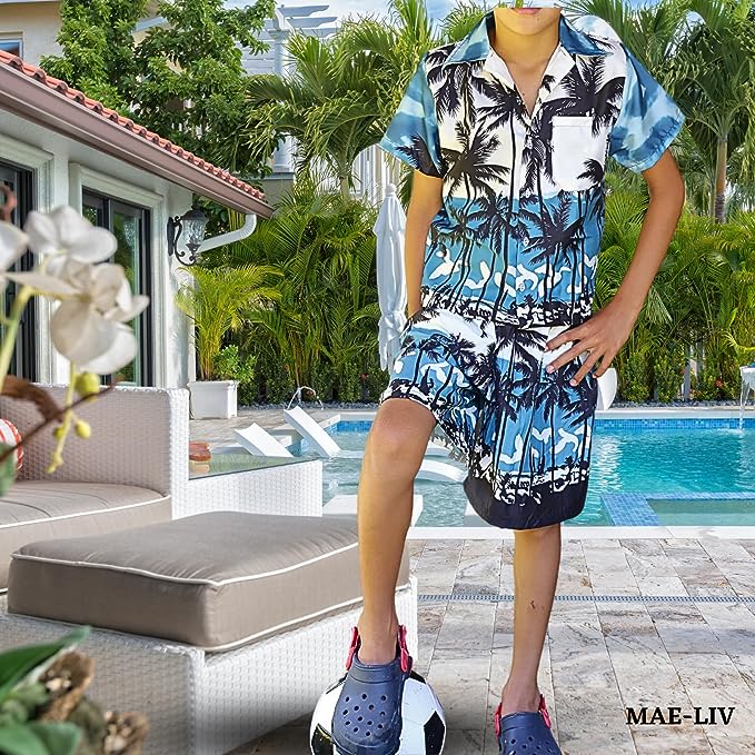 Mens Hawaiian Shirts,Mens Hawaiian Floral Shirts,Short Sleeve Casual Button Down Tropical blue palm tree - Mae-Liv