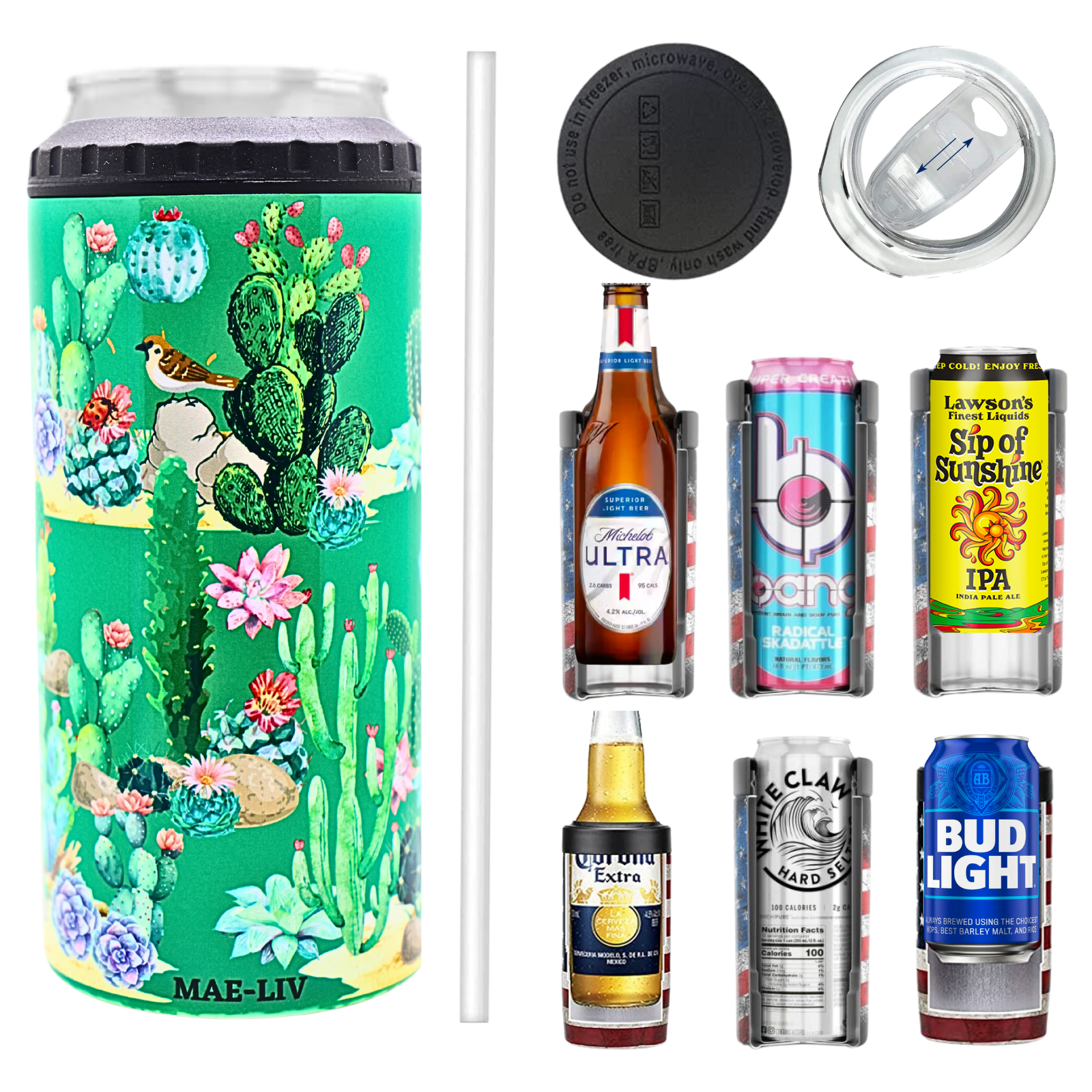 5-in-1 Can Cooler Insulated - Fit All in One Slim Beer Can Cooler for 12 To 16 Oz Bottles | Double-walled, BPA Free, Stainless Steel Tumbler | Can Holders For Drinks with a Lid & Straw (Cactus) - Mae-Liv