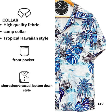 Mens Hawaiian Shirts,Mens Hawaiian Floral Shirts,Short Sleeve Casual Button Down Tropical- monstera leaf - Mae-Liv