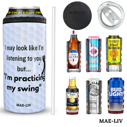 5-in-1 Can Cooler Insulated - Fit All in One Slim Beer Can Cooler for 12 To 16 Oz Bottles | Double-walled, BPA Free, Stainless Steel Tumbler | Can Holders For Drinks with a Lid & Straw (Golf) - Mae-Liv