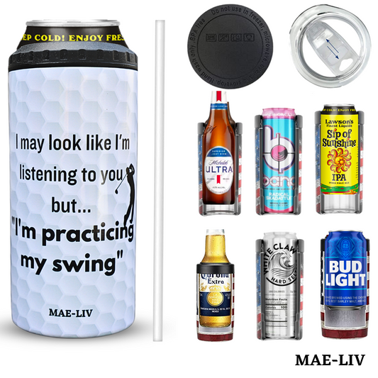 5-in-1 Can Cooler Insulated - Fit All in One Slim Beer Can Cooler for 12 To 16 Oz Bottles | Double-walled, BPA Free, Stainless Steel Tumbler | Can Holders For Drinks with a Lid & Straw (Golf) - Mae-Liv