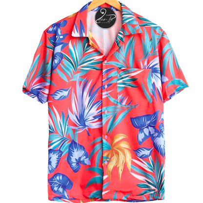 Mens Hawaiian Shirts,Mens Hawaiian Floral Shirts,Short Sleeve Casual Button Down Tropical, Pink multi leaves - Mae-Liv