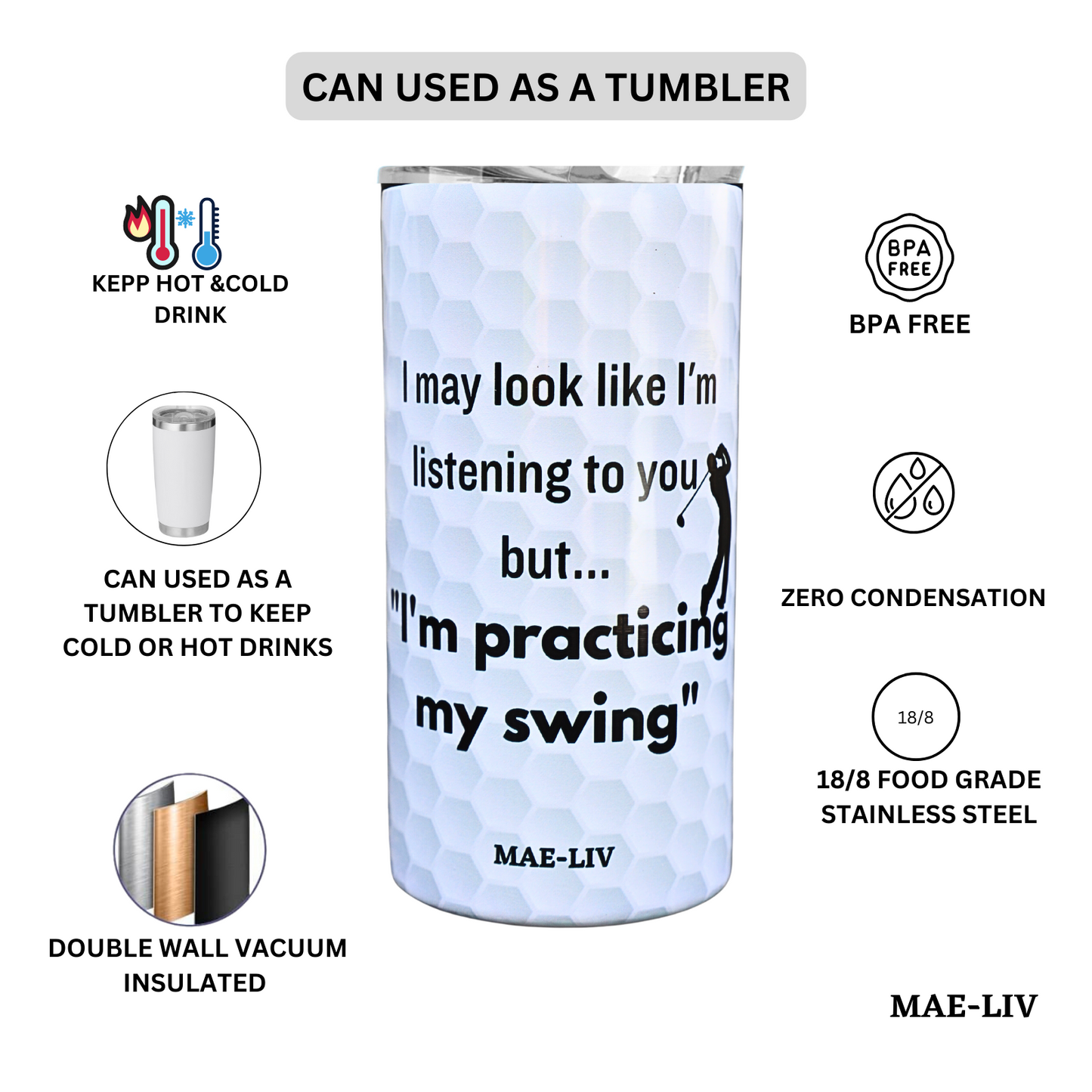 5-in-1 Can Cooler Insulated - Fit All in One Slim Beer Can Cooler for 12 To 16 Oz Bottles | Double-walled, BPA Free, Stainless Steel Tumbler | Can Holders For Drinks with a Lid & Straw (Golf) - Mae-Liv