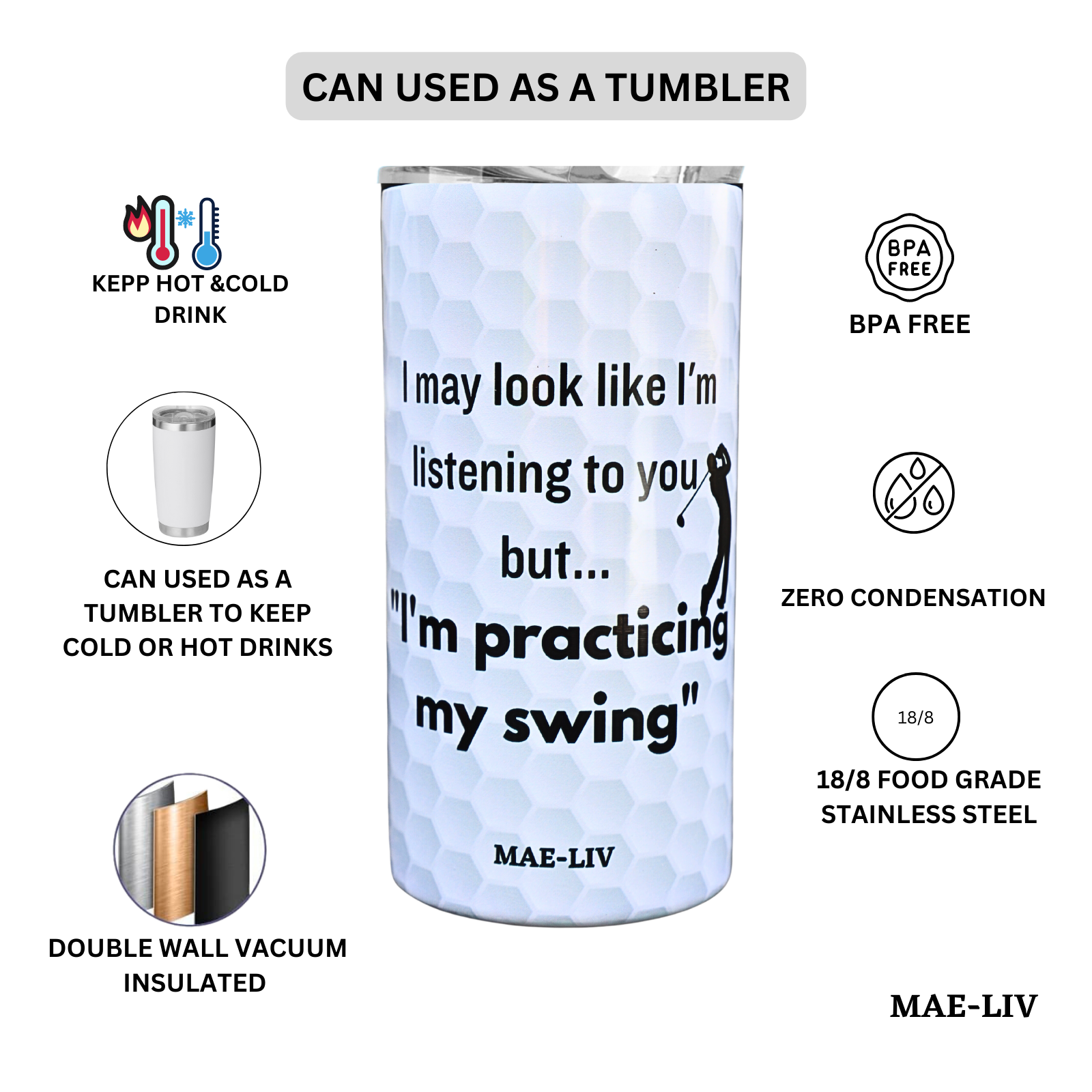 5-in-1 Can Cooler Insulated - Fit All in One Slim Beer Can Cooler for 12 To 16 Oz Bottles | Double-walled, BPA Free, Stainless Steel Tumbler | Can Holders For Drinks with a Lid & Straw (Golf) - Mae-Liv