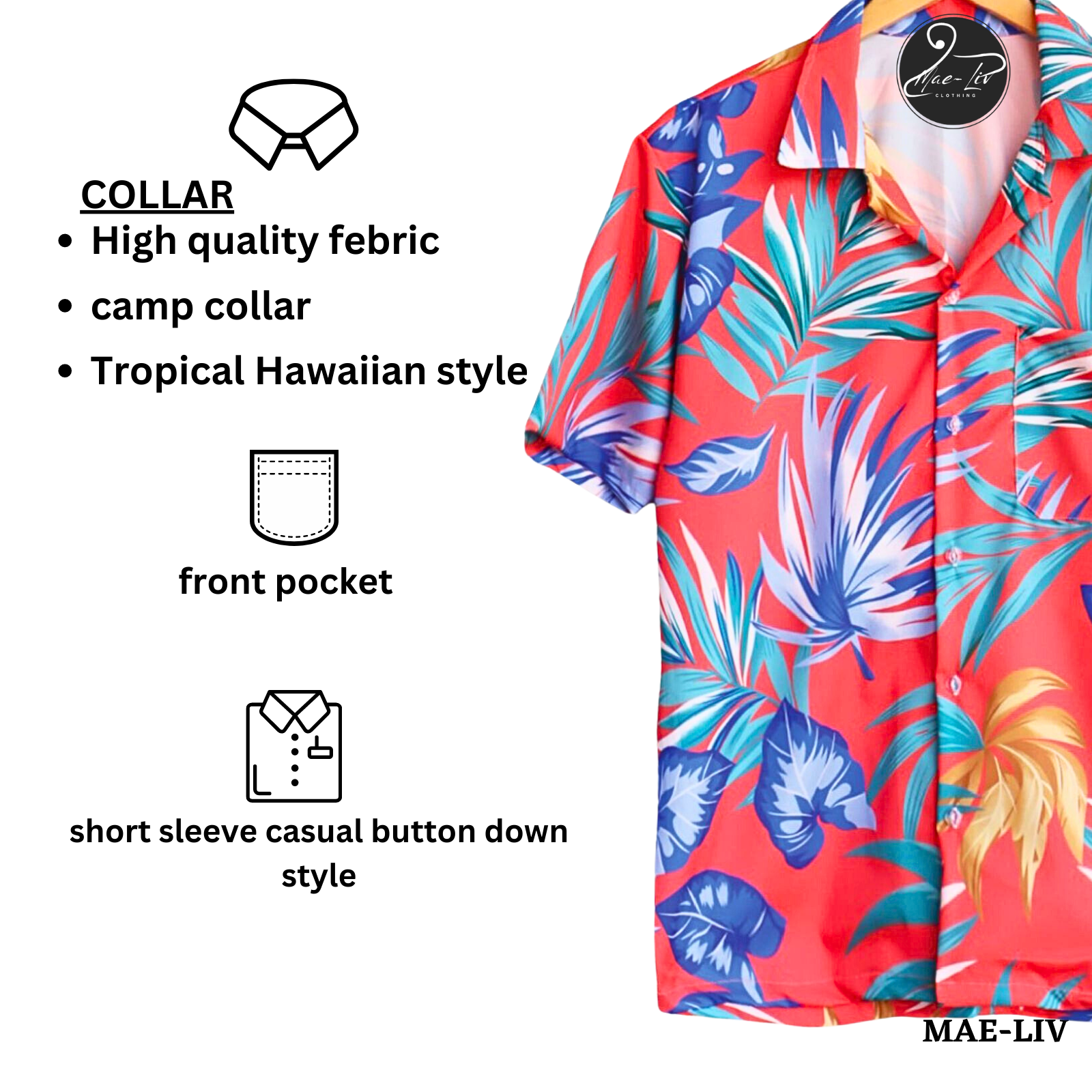 Mens Hawaiian Shirts,Mens Hawaiian Floral Shirts,Short Sleeve Casual Button Down Tropical, Pink multi leaves - Mae-Liv