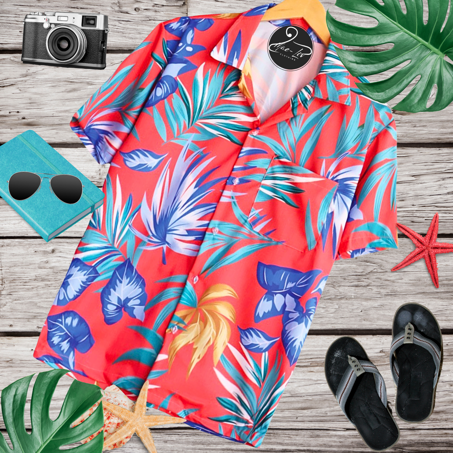 Mens Hawaiian Shirts,Mens Hawaiian Floral Shirts,Short Sleeve Casual Button Down Tropical, Pink multi leaves - Mae-Liv