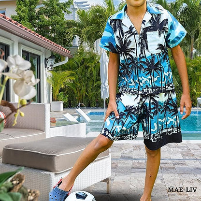 Mens Hawaiian Shirts,Mens Hawaiian Floral Shirts,Short Sleeve Casual Button Down Tropical blue palm tree - Mae-Liv