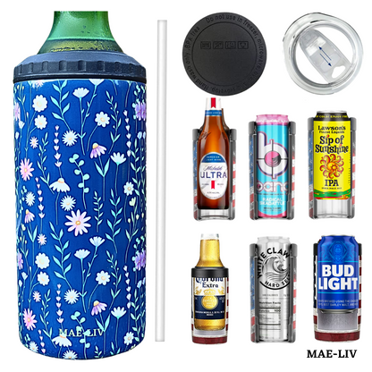 5-in-1 Can Cooler Insulated - Fit All in One Slim Beer Can Cooler for 12 To 16 Oz Bottles | Double-walled, BPA Free, Stainless Steel Tumbler | Can Holders For Drinks with a Lid & Straw (Blue Flowers) - Mae-Liv