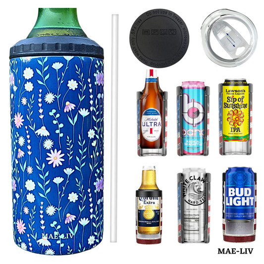 5-in-1 Can Cooler Insulated - Fit All in One Slim Beer Can Cooler for 12 To 16 Oz Bottles | Double-walled, BPA Free, Stainless Steel Tumbler | Can Holders For Drinks with a Lid & Straw (Blue Flowers) - Mae-Liv