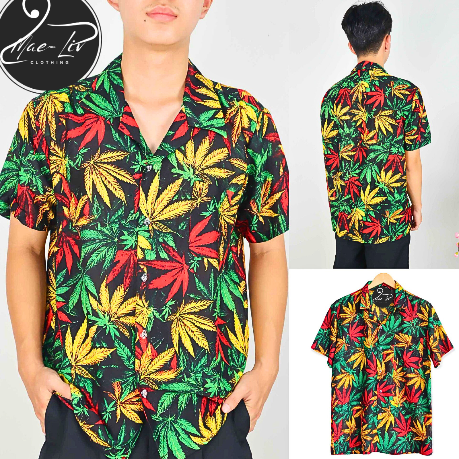 Mens Hawaiian Shirts,Mens Hawaiian Floral Shirts,Short Sleeve Casual Button Down Tropical,Happy leaves - Mae-Liv