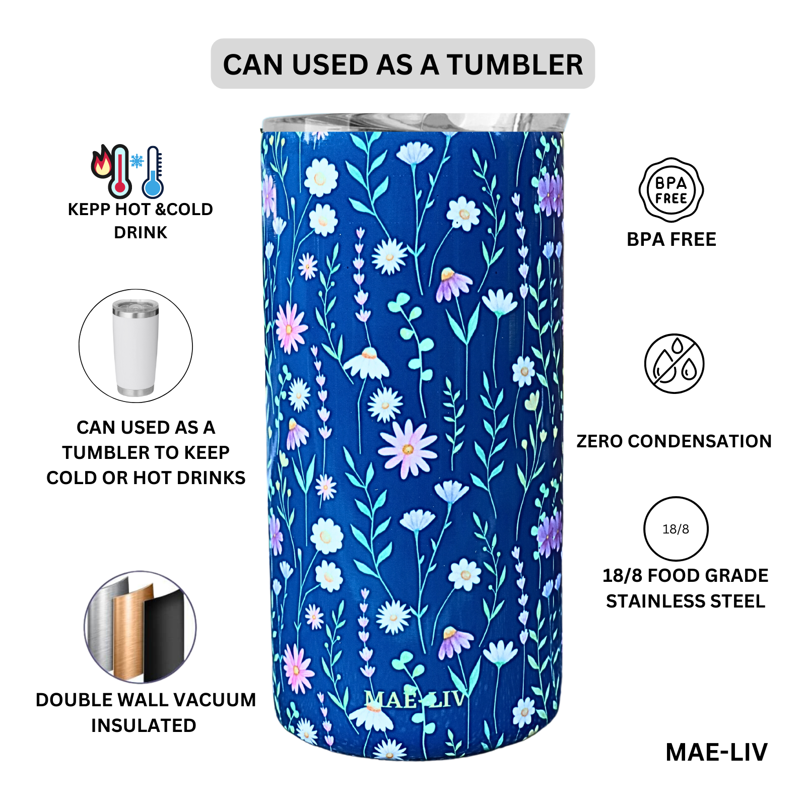5-in-1 Can Cooler Insulated - Fit All in One Slim Beer Can Cooler for 12 To 16 Oz Bottles | Double-walled, BPA Free, Stainless Steel Tumbler | Can Holders For Drinks with a Lid & Straw (Blue Flowers) - Mae-Liv