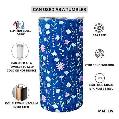 5-in-1 Can Cooler Insulated - Fit All in One Slim Beer Can Cooler for 12 To 16 Oz Bottles | Double-walled, BPA Free, Stainless Steel Tumbler | Can Holders For Drinks with a Lid & Straw (Blue Flowers) - Mae-Liv