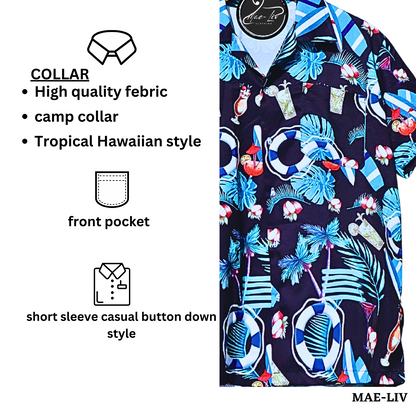 Mens Hawaiian Shirts,Mens Hawaiian Floral Shirts,Short Sleeve Casual Button Down Tropical On the beach - Mae-Liv