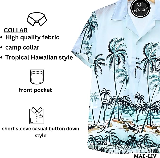 Mens Hawaiian Shirts,Mens Hawaiian Floral Shirts,Short Sleeve Casual Button Down Tropical- Palm tree - Mae-Liv