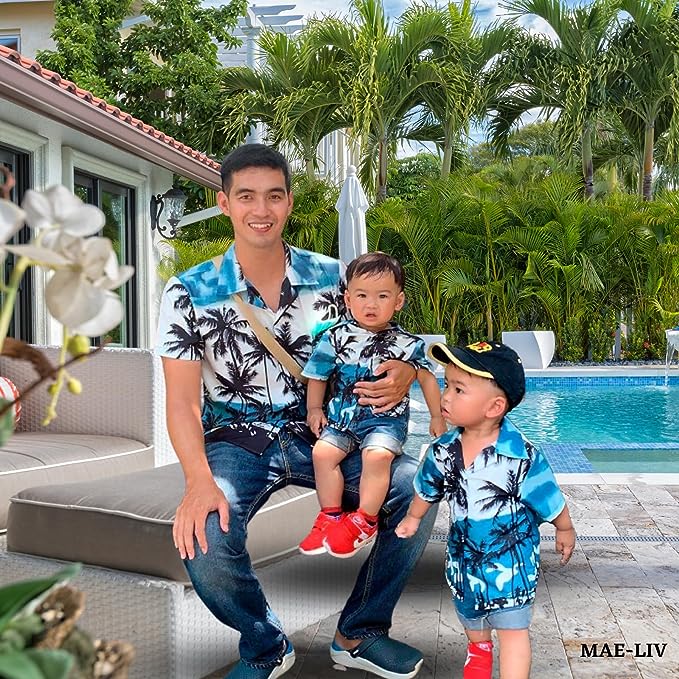Mens Hawaiian Shirts,Mens Hawaiian Floral Shirts,Short Sleeve Casual Button Down Tropical blue palm tree - Mae-Liv