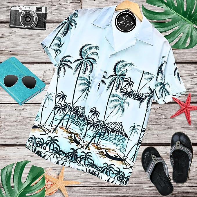 Mens Hawaiian Shirts,Mens Hawaiian Floral Shirts,Short Sleeve Casual Button Down Tropical- Palm tree - Mae-Liv