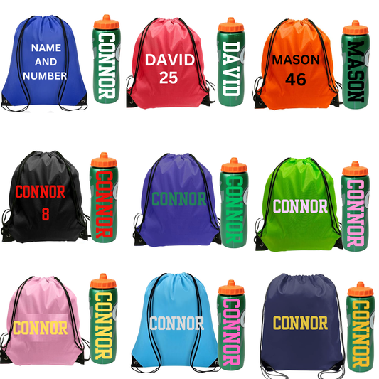 Set of Custom Drawstring Backpack and Personalized water bottle, Personalized Name Bag for Team Sports, School, Travel, Gym, or Party Favor Gift Bags.Gatorade Water Bottle name