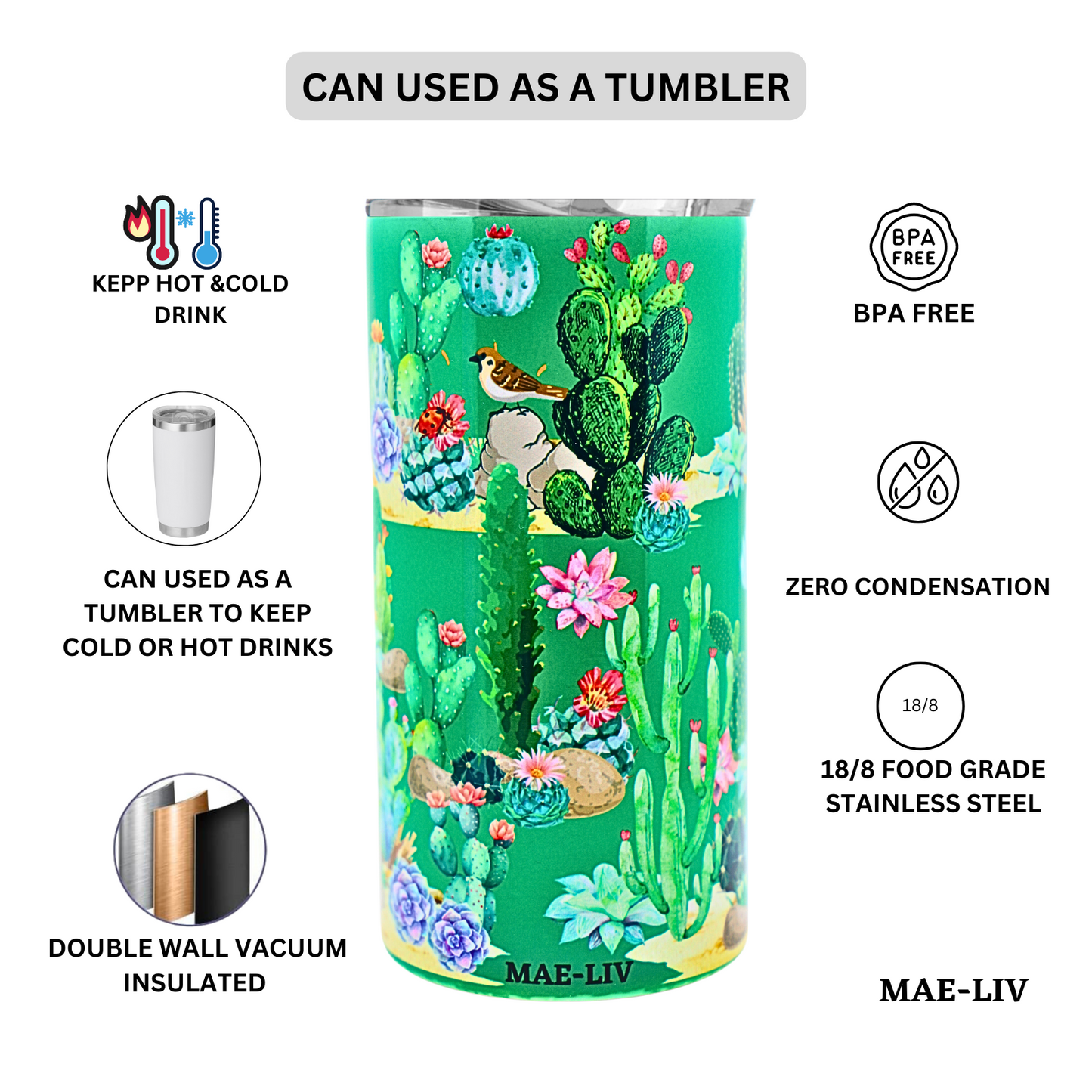 5-in-1 Can Cooler Insulated - Fit All in One Slim Beer Can Cooler for 12 To 16 Oz Bottles | Double-walled, BPA Free, Stainless Steel Tumbler | Can Holders For Drinks with a Lid & Straw (Cactus) - Mae-Liv