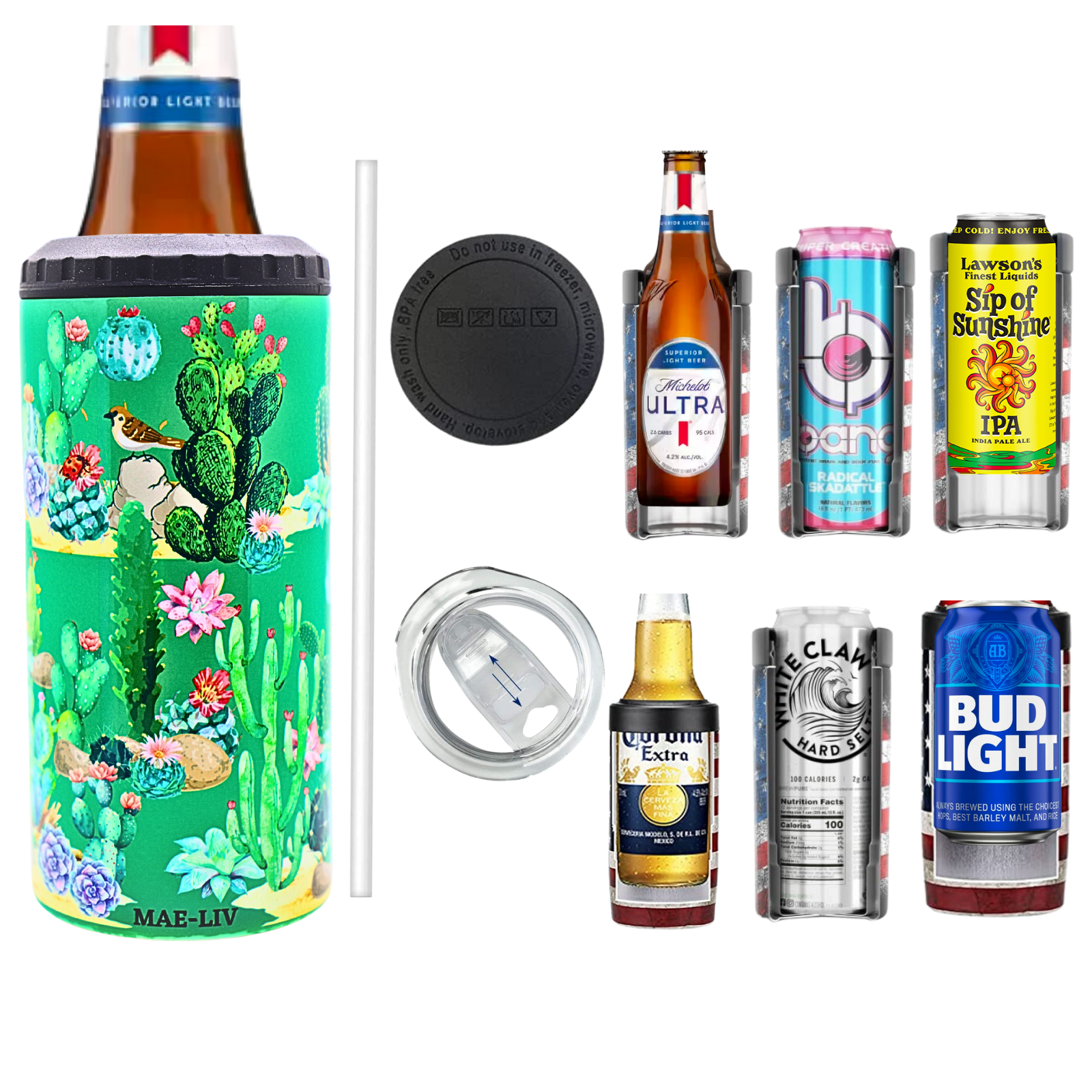 5-in-1 Can Cooler Insulated - Fit All in One Slim Beer Can Cooler for 12 To 16 Oz Bottles | Double-walled, BPA Free, Stainless Steel Tumbler | Can Holders For Drinks with a Lid & Straw (Cactus) - Mae-Liv