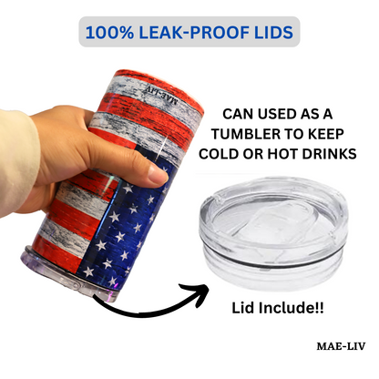 5-in-1 Can Cooler Insulated - Fit All in One Slim Beer Can Cooler for 12 To 16 Oz Bottles | Double-walled, BPA Free, Stainless Steel Tumbler | Can Holders For Drinks with a Lid & Straw American Flag - Mae-Liv