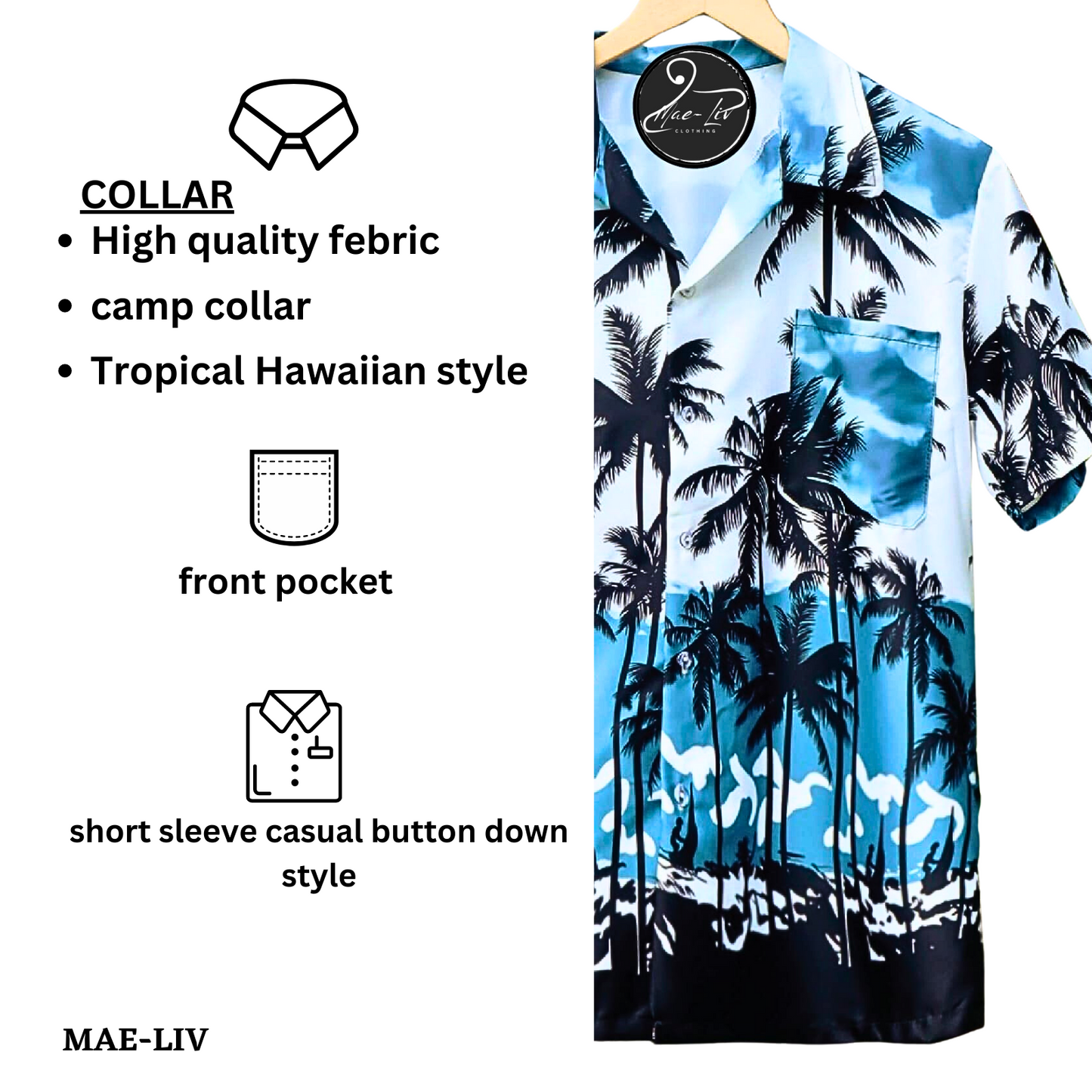 Mens Hawaiian Shirts,Mens Hawaiian Floral Shirts,Short Sleeve Casual Button Down Tropical blue palm tree - Mae-Liv
