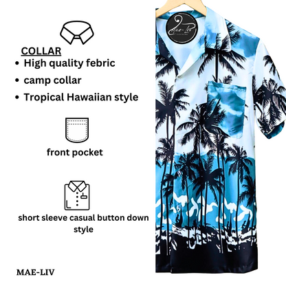 Mens Hawaiian Shirts,Mens Hawaiian Floral Shirts,Short Sleeve Casual Button Down Tropical blue palm tree - Mae-Liv