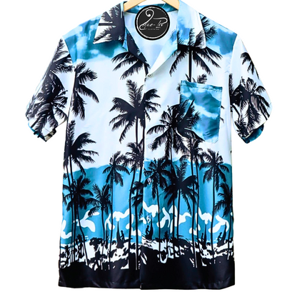 Mens Hawaiian Shirts,Mens Hawaiian Floral Shirts,Short Sleeve Casual Button Down Tropical blue palm tree - Mae-Liv