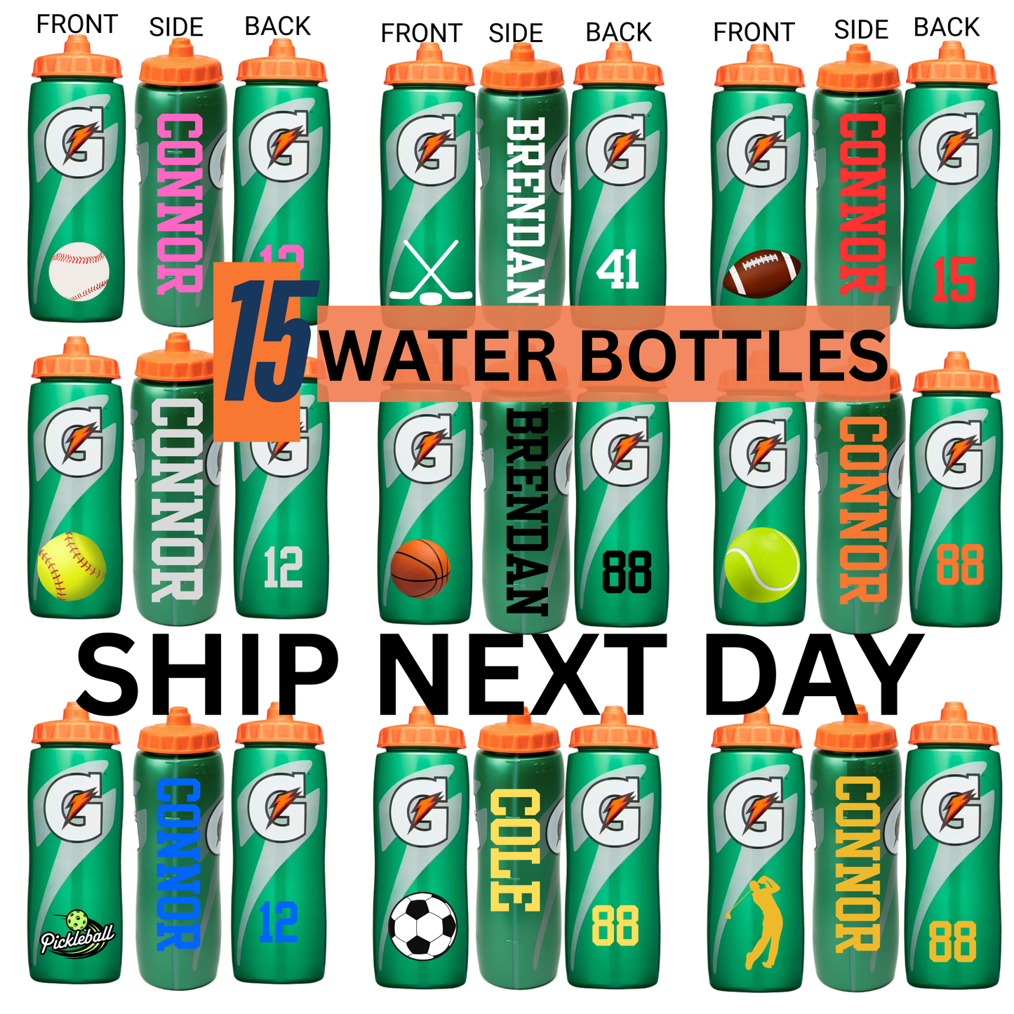 15 Bottle of Personalized Gatorade Bottle, Custom Sports Water Bottle, Team Gift,Birthday Party Favor,Basketball,Football,Baseball,Soccer,Lacrosse,Hockey